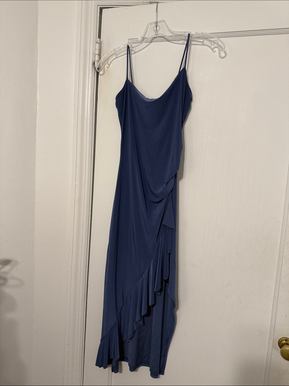 Windsor Navy Blue Midi Slip Dress with Asymmetric Ruffle
